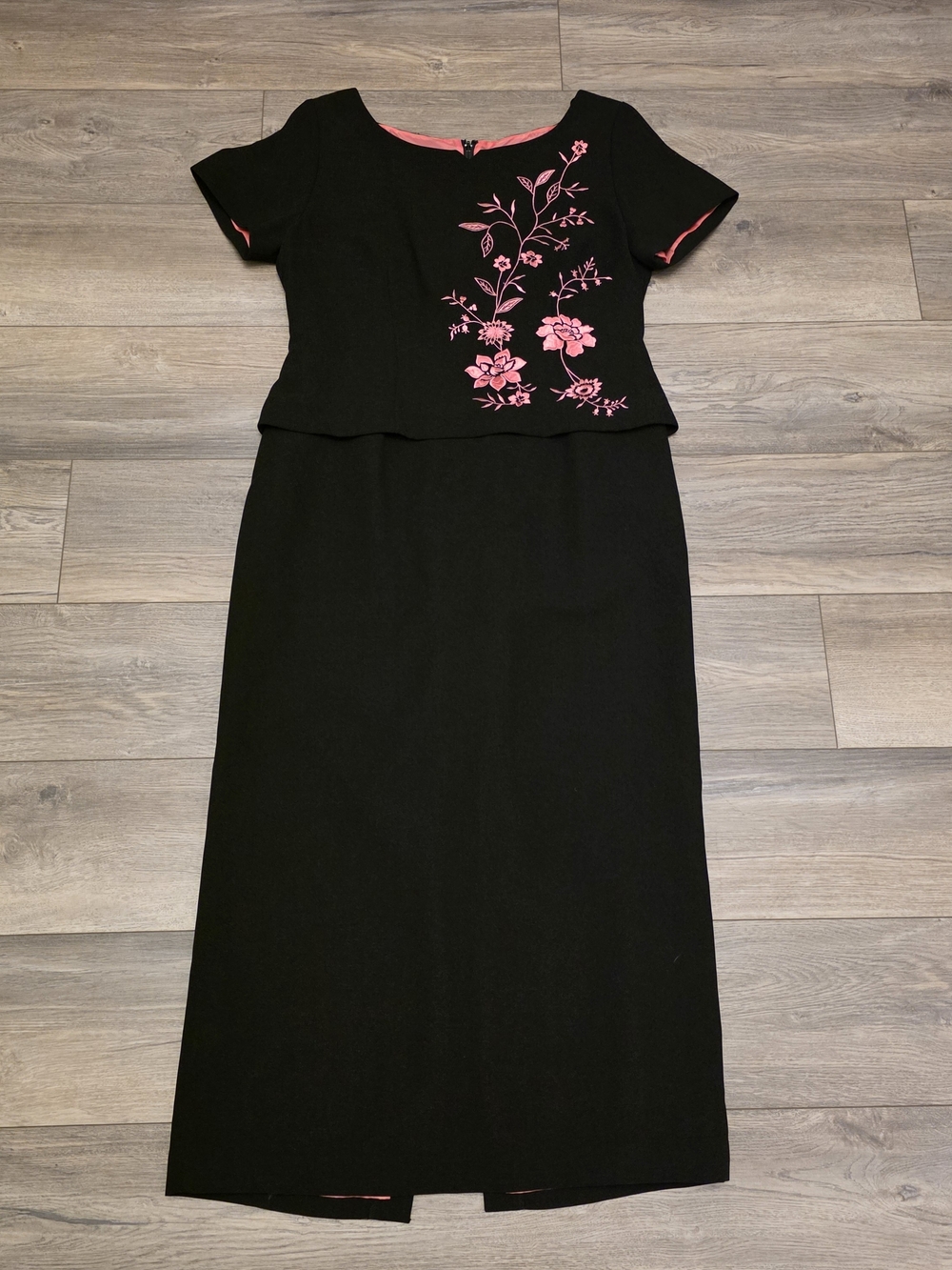 Black Dress with Pink Floral Embroidery